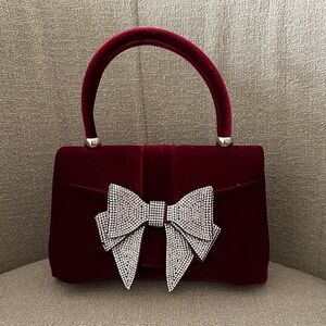 Brand New Elegant Burgundy Velvet Handbag with Rhinestone Bow